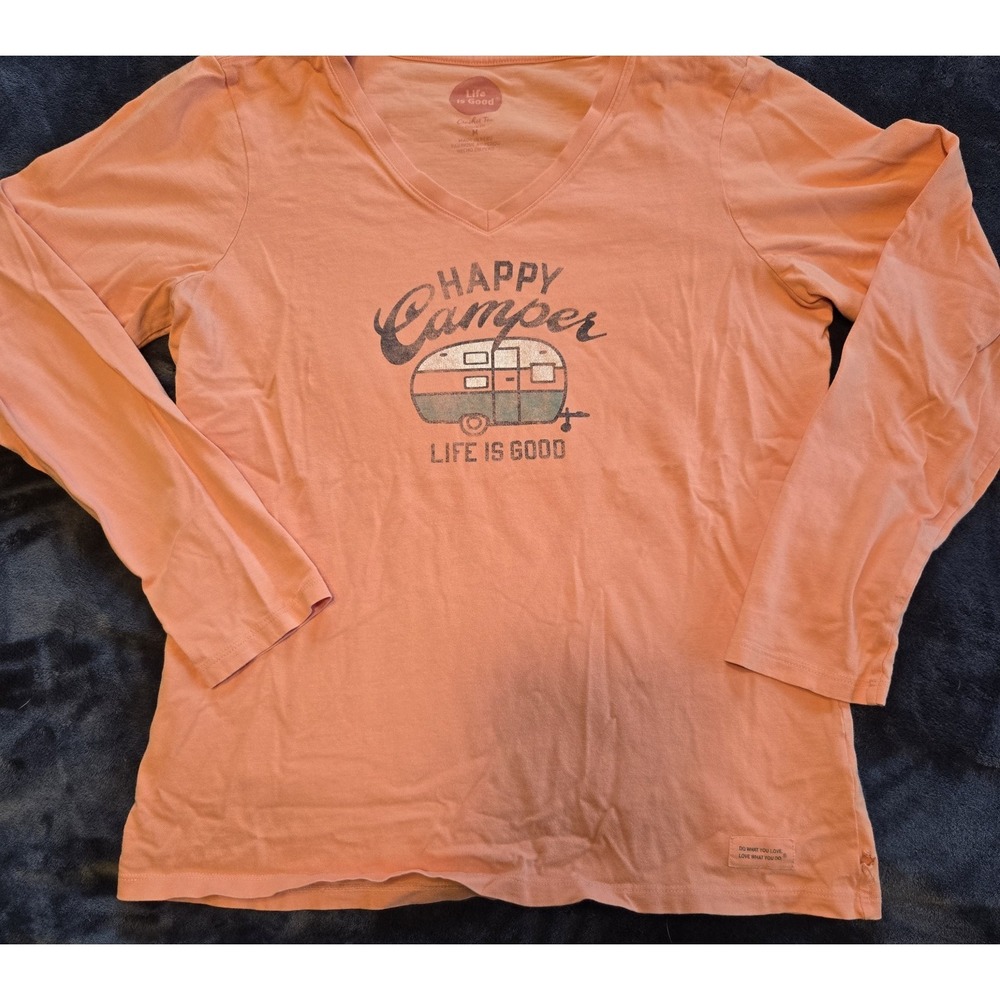Life Is Good Orange Happy Camper Womens Long Sleeve Crusher V-Neck‎ Tee Sz Med